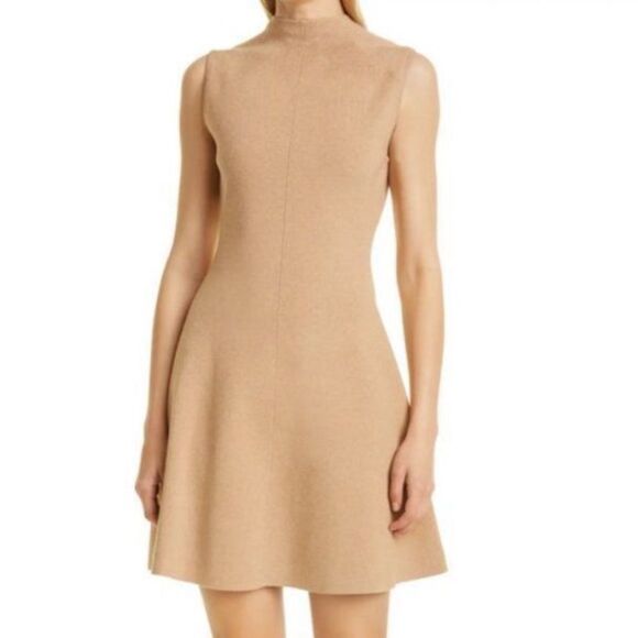Club Monaco Dresses & Skirts - Club Monaco Tan Neutral Mock Neck Ribbed Knit Stretch Fit n Flare Skater Dress